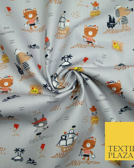 Fun Kids Ahoy Animal Pirates Printed 100% ORGANIC COTTON POPLIN Fabric 3 COLOURS