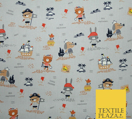 Fun Kids Ahoy Animal Pirates Printed 100% ORGANIC COTTON POPLIN Fabric 3 COLOURS