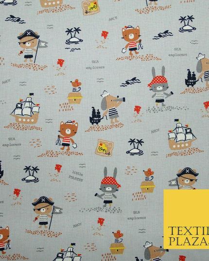 Fun Kids Ahoy Animal Pirates Printed 100% ORGANIC COTTON POPLIN Fabric 3 COLOURS