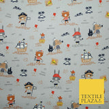 Fun Kids Ahoy Animal Pirates Printed 100% ORGANIC COTTON POPLIN Fabric 3 COLOURS
