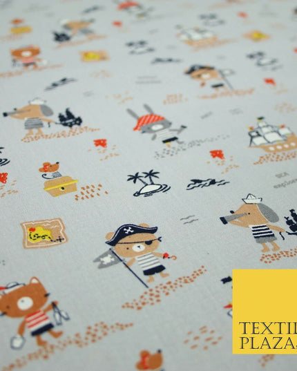 Fun Kids Ahoy Animal Pirates Printed 100% ORGANIC COTTON POPLIN Fabric 3 COLOURS