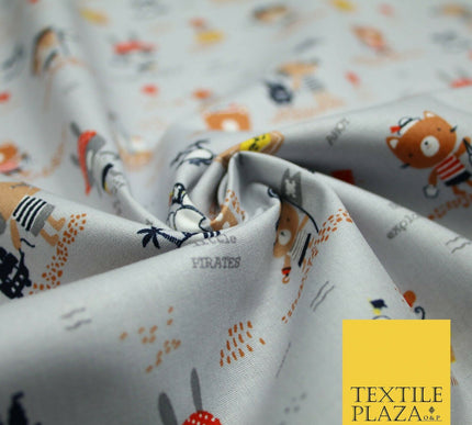 Fun Kids Ahoy Animal Pirates Printed 100% ORGANIC COTTON POPLIN Fabric 3 COLOURS