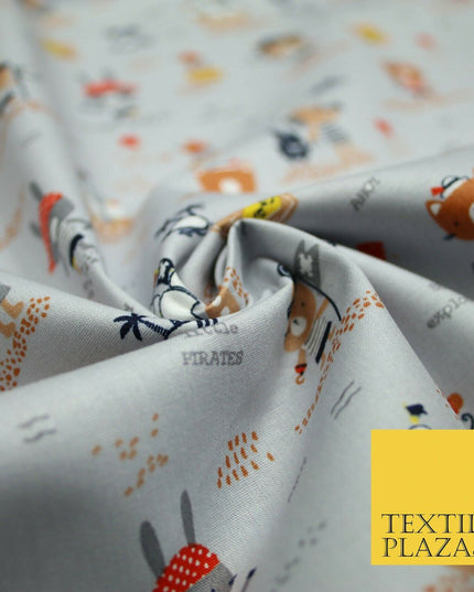 Fun Kids Ahoy Animal Pirates Printed 100% ORGANIC COTTON POPLIN Fabric 3 COLOURS