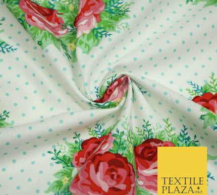 White Rose Cluster Bouquets Pin Dot Printed 100% COTTON POPLIN Fabric 54" 4994