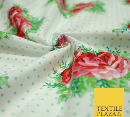 White Rose Cluster Bouquets Pin Dot Printed 100% COTTON POPLIN Fabric 54" 4994