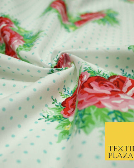 White Rose Cluster Bouquets Pin Dot Printed 100% COTTON POPLIN Fabric 54" 4994