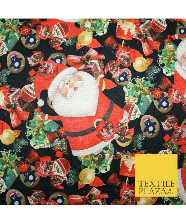 Festive Santa Claus Gifts Presents Penguins Christmas Waffle Jersey Fabric 5003