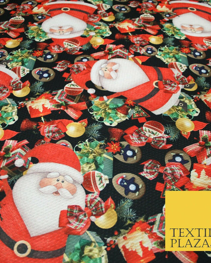Festive Santa Claus Gifts Presents Penguins Christmas Waffle Jersey Fabric 5003