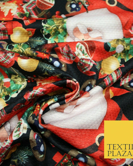 Festive Santa Claus Gifts Presents Penguins Christmas Waffle Jersey Fabric 5003