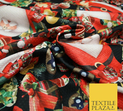 Festive Santa Claus Gifts Presents Penguins Christmas Waffle Jersey Fabric 5003