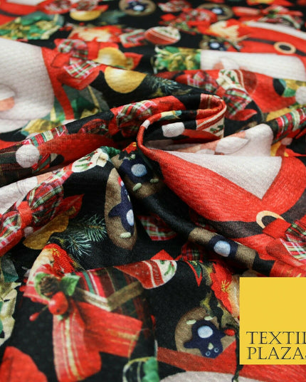 Festive Santa Claus Gifts Presents Penguins Christmas Waffle Jersey Fabric 5003