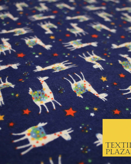 Festive Llama Alpaca Stars Winceyette Soft Christmas Brushed Cotton Print Fabric