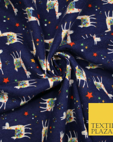 Festive Llama Alpaca Stars Winceyette Soft Christmas Brushed Cotton Print Fabric