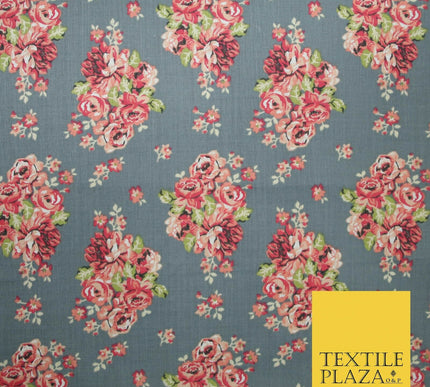 Storm Grey Floral Cluster Bouquets Printed Poly Cotton Fabric Polycotton 5019