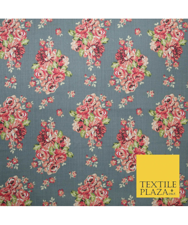 Storm Grey Floral Cluster Bouquets Printed Poly Cotton Fabric Polycotton 5019