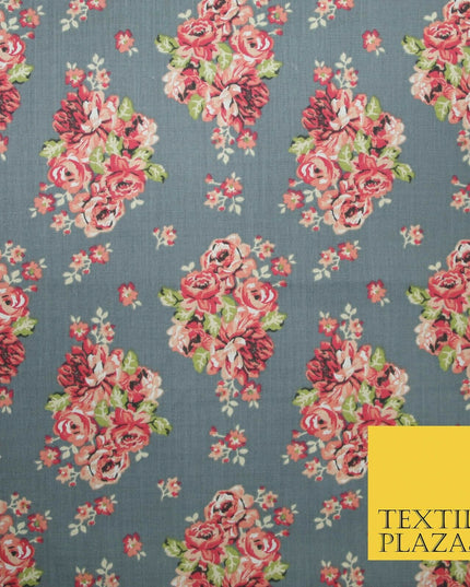 Storm Grey Floral Cluster Bouquets Printed Poly Cotton Fabric Polycotton 5019