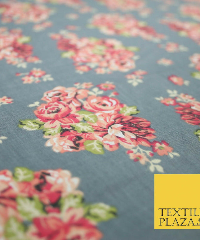 Storm Grey Floral Cluster Bouquets Printed Poly Cotton Fabric Polycotton 5019
