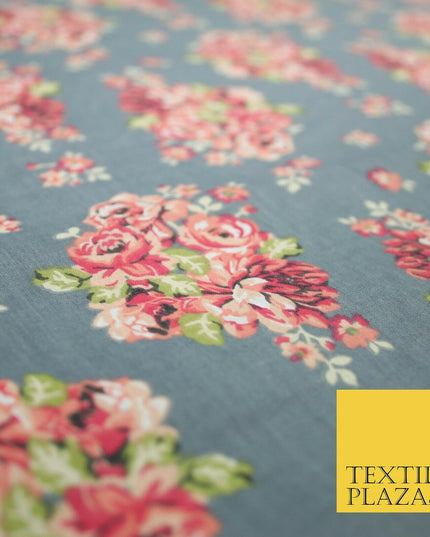 Storm Grey Floral Cluster Bouquets Printed Poly Cotton Fabric Polycotton 5019