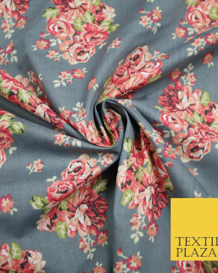 Storm Grey Floral Cluster Bouquets Printed Poly Cotton Fabric Polycotton 5019