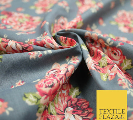 Storm Grey Floral Cluster Bouquets Printed Poly Cotton Fabric Polycotton 5019