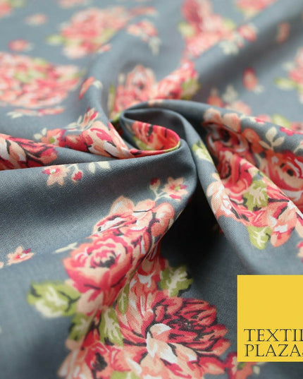 Storm Grey Floral Cluster Bouquets Printed Poly Cotton Fabric Polycotton 5019