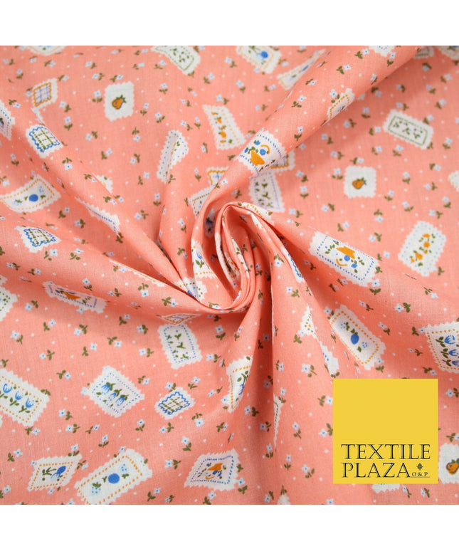 Peach Floral Ditsy Patchwork Flower Printed Poly Cotton Fabric Polycotton 5018
