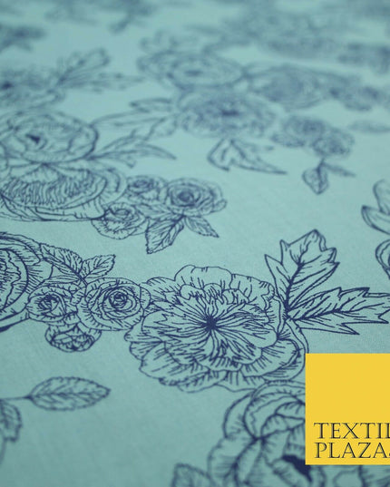 Blue Floral Rose Cluster Outline Printed Poly Cotton Fabric Polycotton 5023