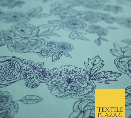 Blue Floral Rose Cluster Outline Printed Poly Cotton Fabric Polycotton 5023