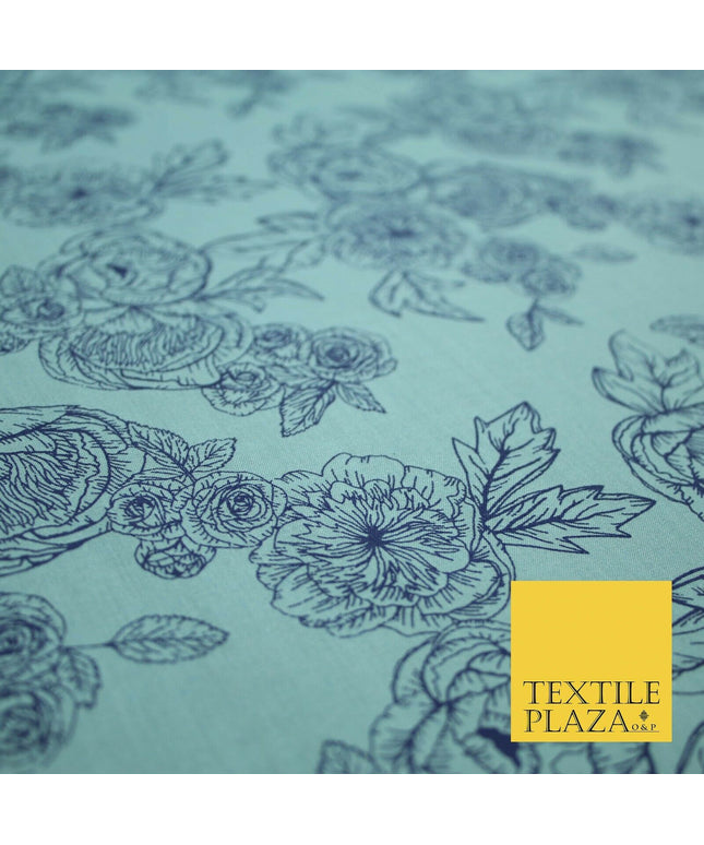 Blue Floral Rose Cluster Outline Printed Poly Cotton Fabric Polycotton 5023