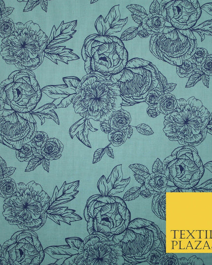 Blue Floral Rose Cluster Outline Printed Poly Cotton Fabric Polycotton 5023