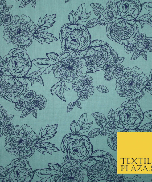 Blue Floral Rose Cluster Outline Printed Poly Cotton Fabric Polycotton 5023