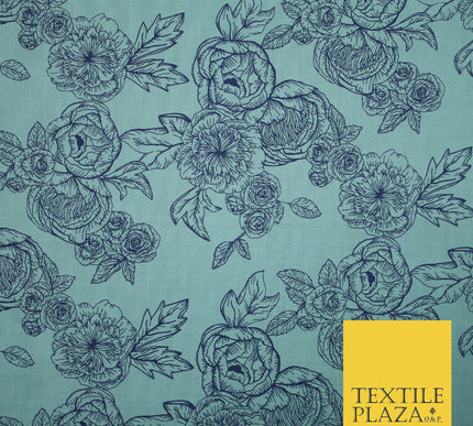 Blue Floral Rose Cluster Outline Printed Poly Cotton Fabric Polycotton 5023