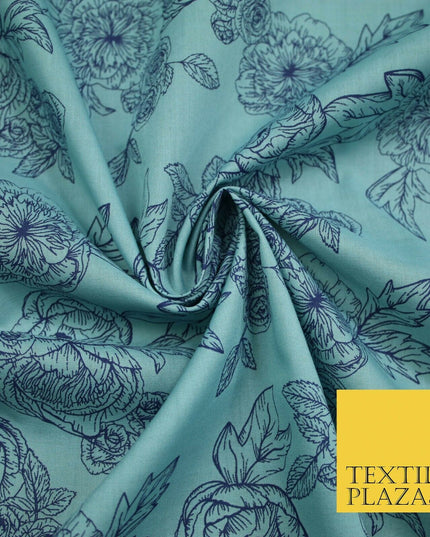 Blue Floral Rose Cluster Outline Printed Poly Cotton Fabric Polycotton 5023