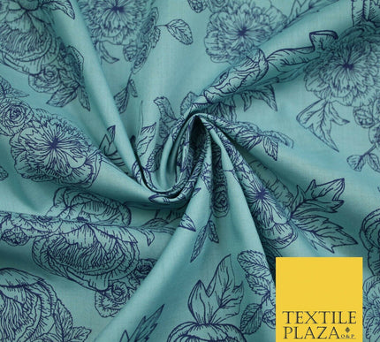 Blue Floral Rose Cluster Outline Printed Poly Cotton Fabric Polycotton 5023