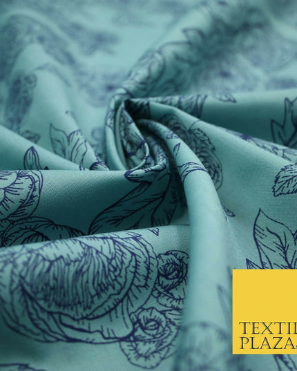 Blue Floral Rose Cluster Outline Printed Poly Cotton Fabric Polycotton 5023