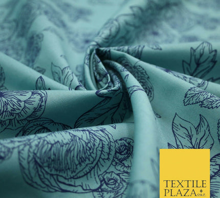 Blue Floral Rose Cluster Outline Printed Poly Cotton Fabric Polycotton 5023