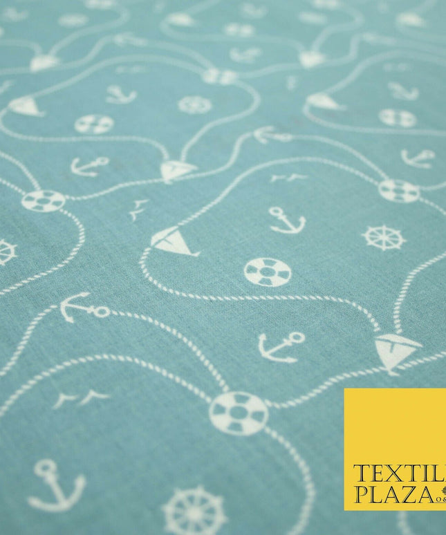 Cool Nautical Sea Boat Anchor Rope Buoy Printed Poly Cotton Fabric Polycotton