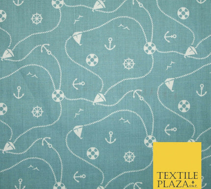 Cool Nautical Sea Boat Anchor Rope Buoy Printed Poly Cotton Fabric Polycotton