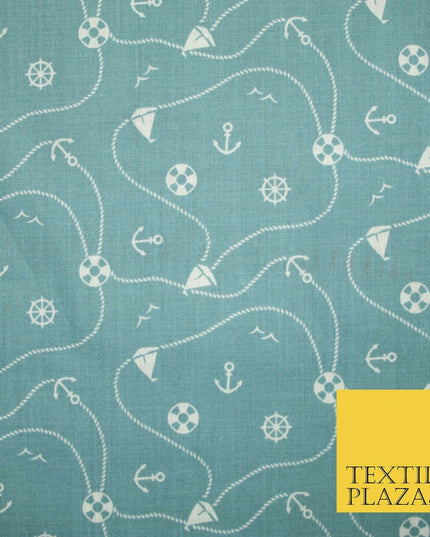 Cool Nautical Sea Boat Anchor Rope Buoy Printed Poly Cotton Fabric Polycotton