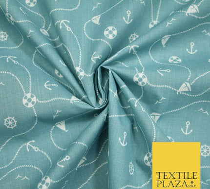 Cool Nautical Sea Boat Anchor Rope Buoy Printed Poly Cotton Fabric Polycotton