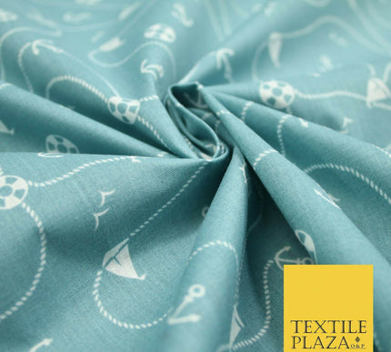 Cool Nautical Sea Boat Anchor Rope Buoy Printed Poly Cotton Fabric Polycotton