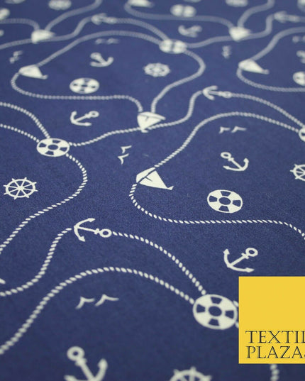 Cool Nautical Sea Boat Anchor Rope Buoy Printed Poly Cotton Fabric Polycotton