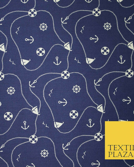 Cool Nautical Sea Boat Anchor Rope Buoy Printed Poly Cotton Fabric Polycotton