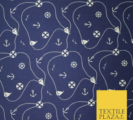 Cool Nautical Sea Boat Anchor Rope Buoy Printed Poly Cotton Fabric Polycotton