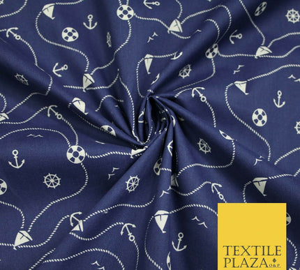 Cool Nautical Sea Boat Anchor Rope Buoy Printed Poly Cotton Fabric Polycotton