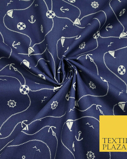 Cool Nautical Sea Boat Anchor Rope Buoy Printed Poly Cotton Fabric Polycotton