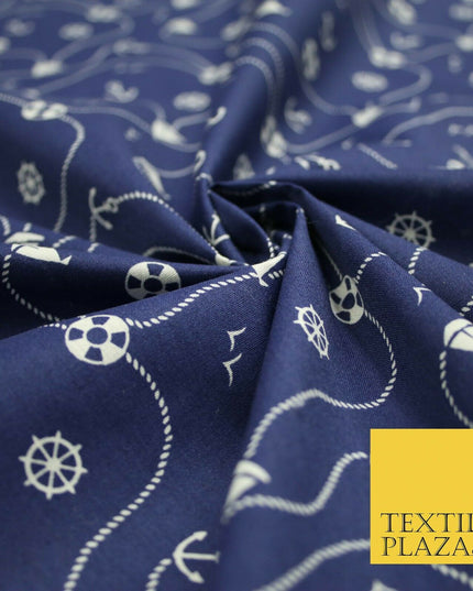 Cool Nautical Sea Boat Anchor Rope Buoy Printed Poly Cotton Fabric Polycotton