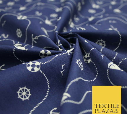 Cool Nautical Sea Boat Anchor Rope Buoy Printed Poly Cotton Fabric Polycotton