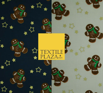 Festive Gingerbread Men Metallic Gold Stars Xmas Printed 100% Cotton Fabric 58"