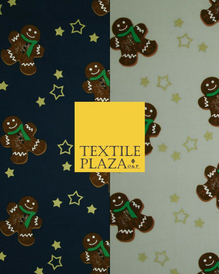 Festive Gingerbread Men Metallic Gold Stars Xmas Printed 100% Cotton Fabric 58"